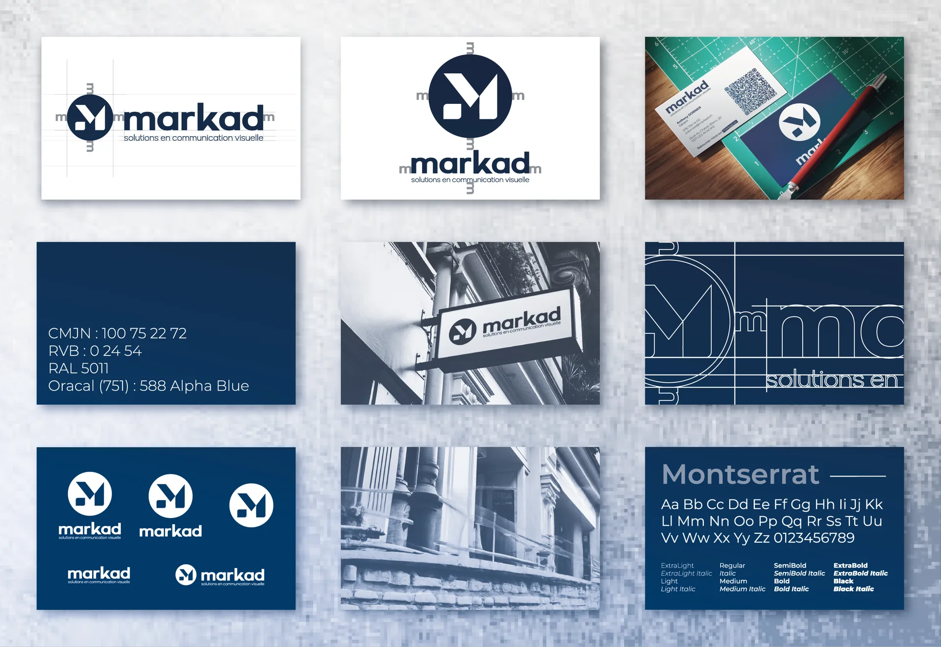 Planche de charte graphique Markad : logo, grille de construction, couleurs CMJN/RAL et typographie Montserrat